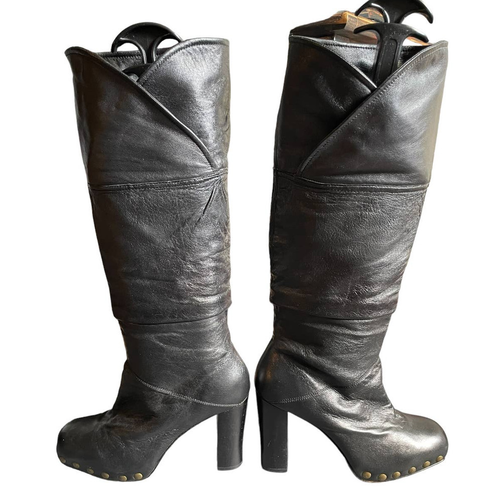 Dani Black Womens Tall Leather Studded Heel Boots Round Toe Size 6US Black